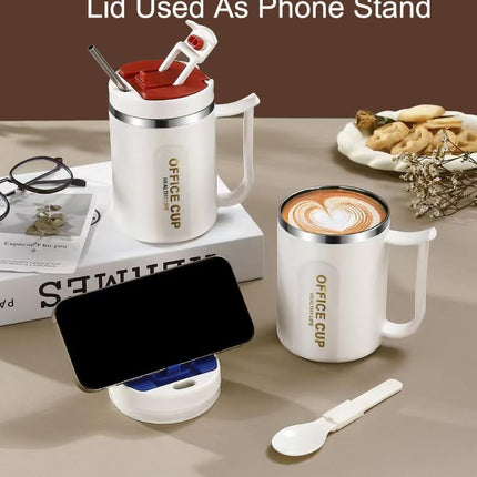 White and Grey 16oz Stainless Steel Office Mug with Phone Stand Lid Straw and – design and finish