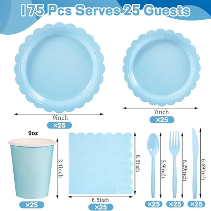 7-Piece Light Blue Scalloped Party Tableware Set for 25 Guests - Disposable Paper Plates 7 / 9 inch, 9oz Cups, Napkins, Cutlery with Matching Tablecloth for Birthday, Baby Shower, EOFY Event
