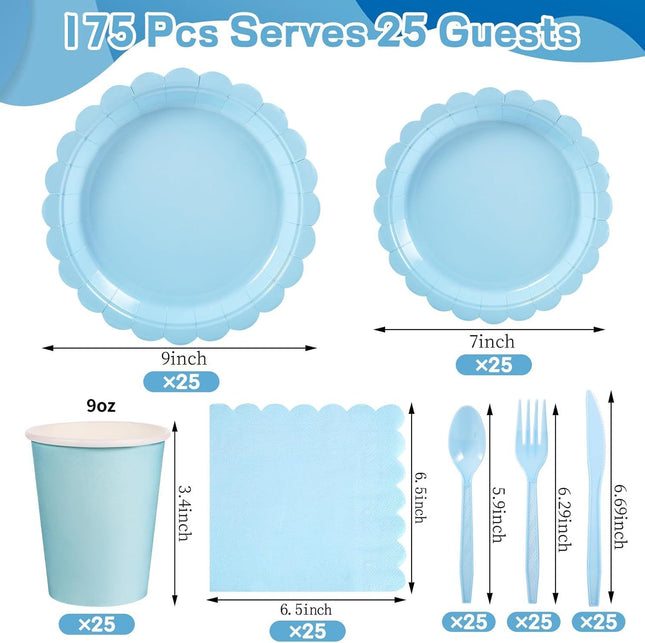 7-Piece Light Blue Scalloped Party Tableware Set for 25 – product detail