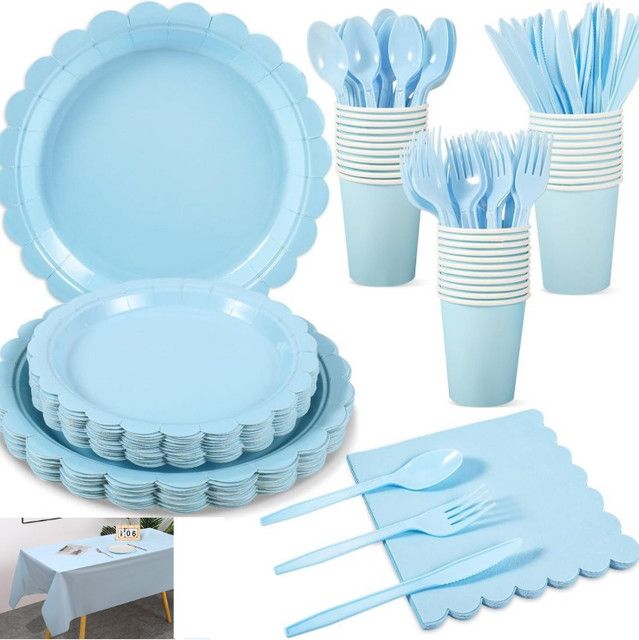 7-Piece Light Blue Scalloped Party Tableware Set for 50 V888-ELOSUNG52035