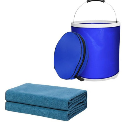 Blue Microfiber Car Cleaning Towel (60 x 160 CM) and 20L Foldable Self Standing Water Bucket (Include Zipper Bag) Combo Set - Super Absorbent and Scratch Free for Car Detailing Drying and Home Cleaning