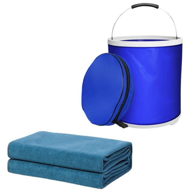 Blue Microfiber Car Cleaning Towel (60 x 180 CM) and 20L Foldable Self Standing Water V888-ELOSUNG52053