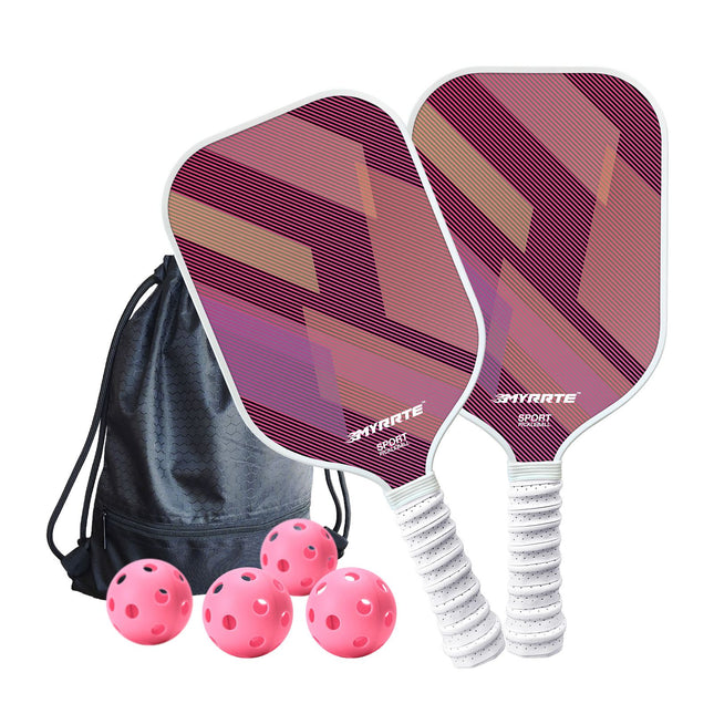 Fantasy Purple Striped Fiberglass Pickleball Paddle Set 4 Balls & 2 Lightweight Shock-Absorbing Rackets