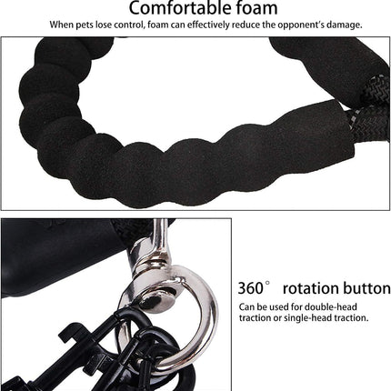 Black 3-in-1 No-Tangle Dog Leash for 1-3 Small Large Dogs – Heavy Duty 360° Swivel Bungee Coupler with Reflective Nylon Braid & Padded Handle