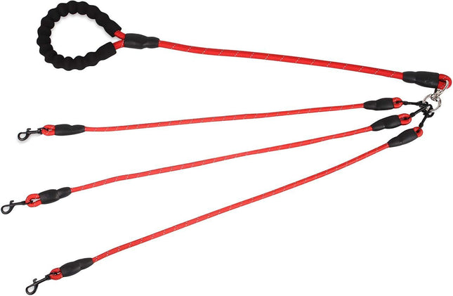 Red 3-in-1 No-Tangle Dog Leash for 1-3 Small Large Dogs Heavy Duty 360 Degree Swivel Bungee Coupler with