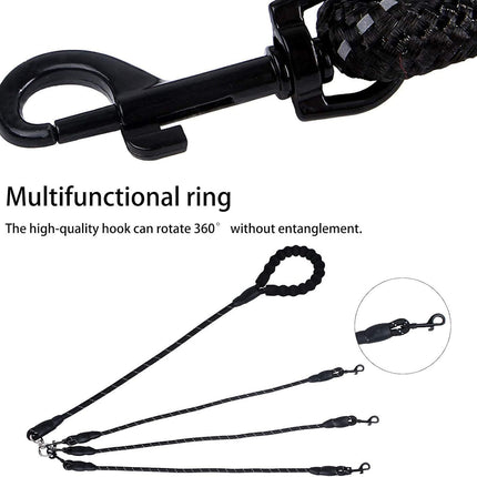 Red 3-in-1 No-Tangle Dog Leash for 1-3 Small Large Dogs – Heavy Duty 360° Swivel Bungee Coupler with Reflective Nylon Braid & Padded Handle
