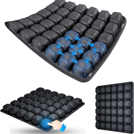 Black Portable 3D Aircell Travel Inflatable Seat Cushion with Built-in Pump – 36 Airbags Ergonomic Pressure Relief Pad with Lycra Cover & Non-Slip Base for Office Car Flight Long Sitting