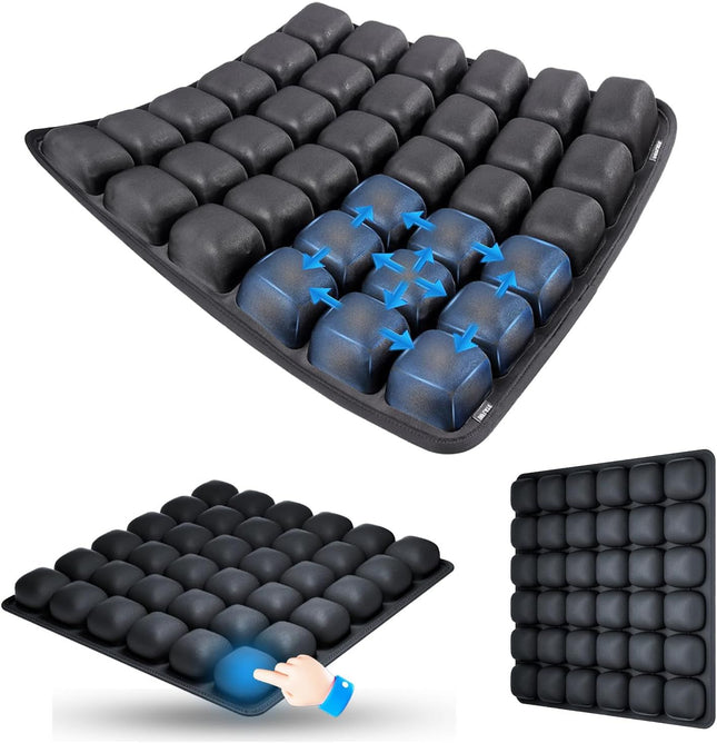 Black Portable 3D Aircell Travel Inflatable Seat Cushion with Built-in Pump 36 Airbags Ergonomic