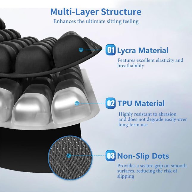 Black Portable 3D Aircell Travel Inflatable Seat Cushion with Built-in Pump 36 Airbags Ergonomic – product detail
