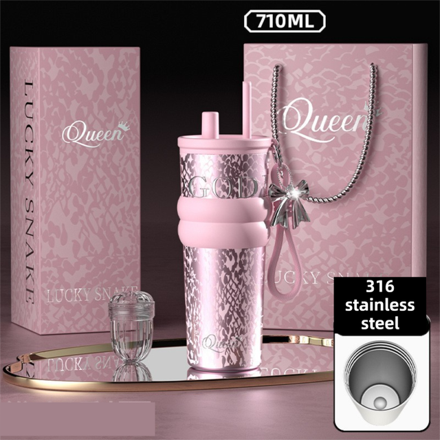 710ML Pink Luxury Gradient Textured Aurora Starry Night Insulated Travel Mug (Bow Pendant Gift Box) – 316 Stainless Steel Car Coffee Tumbler with Pop-Up Straw Dual Lid, Sinking Tea Infuser Ball and Cup Sleeve