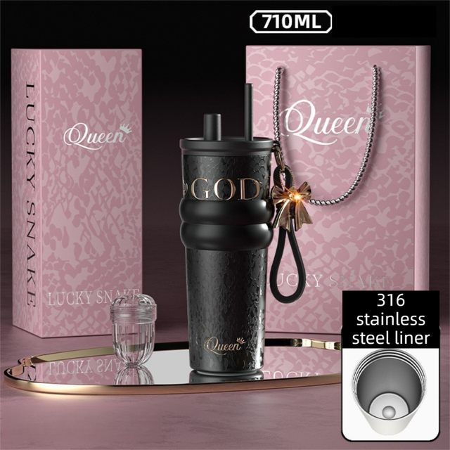 710ML Black Luxury Gradient Textured Aurora Starry Night Insulated Travel Mug (Bow Pendant Gift Box) – 316 Stainless Steel Car Coffee Tumbler with Pop-Up Straw Dual Lid, Sinking Tea Infuser Ball and Cup Sleeve
