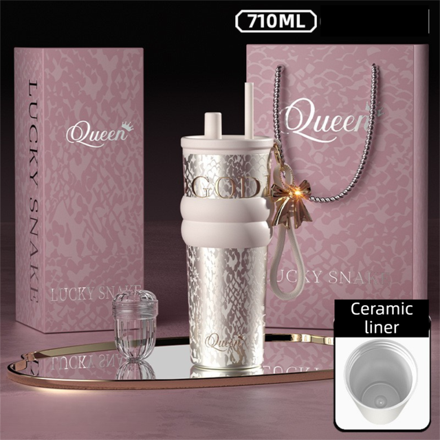 710ML Silver Luxury Gradient Textured Aurora Starry Night Insulated Travel Mug (Bow Pendant Gift Box) – Ceramic Liner Car Coffee Tumbler with Pop-Up Straw Dual Lid, Sinking Tea Infuser Ball and Cup Sleeve