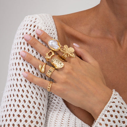 7-Piece White Liquid Lava Flower Stacking Open Rings Set with Imitation Pearls & Geometric Dripping Oil - Hollow Joint Knuckle Ring for Women