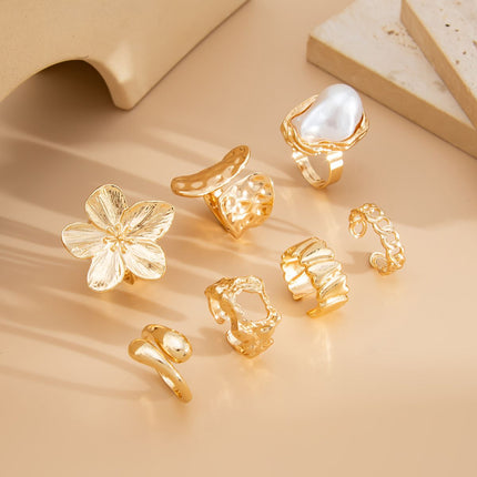 7-Piece White Liquid Lava Flower Stacking Open Rings Set with Imitation Pearls & Geometric Dripping Oil - Hollow Joint Knuckle Ring for Women