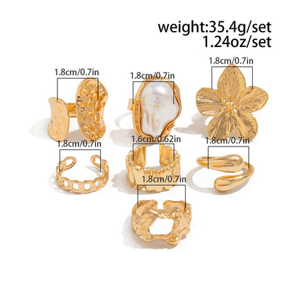 7-Piece White Liquid Lava Flower Stacking Open Rings Set with Imitation Pearls & Geometric Dripping Oil - Hollow Joint Knuckle Ring for Women