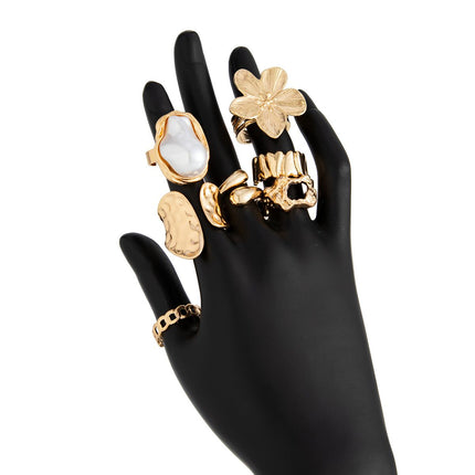 7-Piece White Liquid Lava Flower Stacking Open Rings Set with Imitation Pearls & Geometric Dripping Oil - Hollow Joint Knuckle Ring for Women