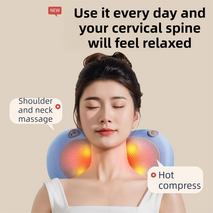 Blue Wireless Rechargeable Cervical & Lumbar Massager Pillow with 4 High/Low Massage Points, 42°C Constant Heat, 3 Speeds and Adjustable Strap – Multifunctional Shiatsu Back Massage Cushion for Neck Waist Shoulder Relief