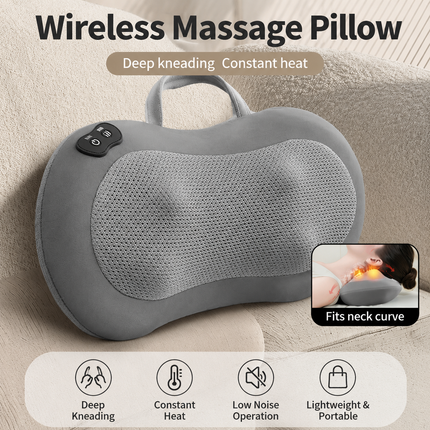 Grey Wireless Rechargeable Cervical & Lumbar Massager Pillow with 4 High/Low Massage Points, 42°C Constant Heat, 3 Speeds and Adjustable Strap – Multifunctional Shiatsu Back Massage Cushion for Neck Waist Shoulder Relief