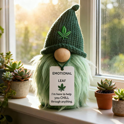 Emotional Support Weed Gnome Crocheted Doll – Handmade Knitted Plush Table Desktop Figurine with Beanie & Motivational Tag, Novelty Birthday Party Gift