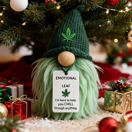 Emotional Support Weed Gnome Crocheted Doll – Handmade Knitted Plush Table Desktop Figurine with Beanie & Motivational Tag, Novelty Birthday Party Gift