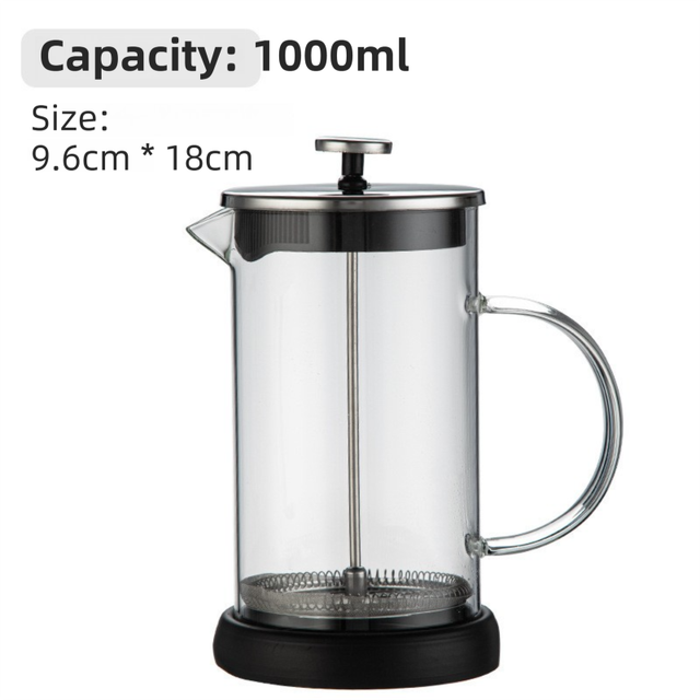 1000ML Premium Dual-Layer Borosilicate Glass French Press Coffee Maker with 304 Stainless Steel Lid – High-Density 3D Filter Mesh Cafetiere, Manual Milk Frother and Tea Infuser Pot