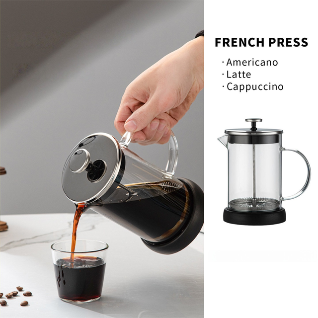 1000ML Premium Dual-Layer Borosilicate Glass French Press Coffee Maker with 304 Stainless Steel Lid – High-Density 3D Filter Mesh Cafetiere, Manual Milk Frother and Tea Infuser Pot