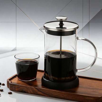 1000ML Premium Dual-Layer Borosilicate Glass French Press Coffee Maker with 304 Stainless Steel Lid – High-Density 3D Filter Mesh Cafetiere, Manual Milk Frother and Tea Infuser Pot