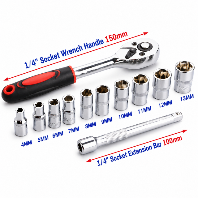 12PCS Portable 1/4 Inch Ratchet Socket Wrench Set - 10 Sizes Metric Socket Set, Quick Release Reversible Ratchet Wrench and Extension Bar for Car Repair Garage and Auto Maintenance