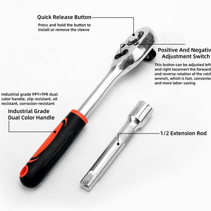 12PCS Portable 1/2 Inch Ratchet Socket Wrench Set - 10 Sizes Metric Socket Set, Quick Release Reversible Ratchet Wrench and Extension Bar for Car Repair Garage and Auto Maintenance