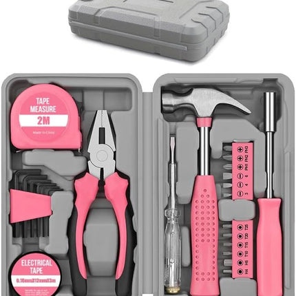 24-Piece Pink Multifunctional Home Tool Kit for Women - Compact Mini Starter Hardware Set with Hammer, Pliers, Screwdrivers - Portable Household Hand Tools for DIY Assembly & Gift Giving