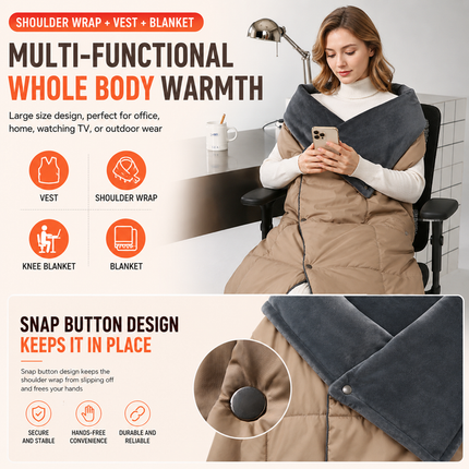 Grey Wearable Heated Blanket Shawl for Women - USB Powered Electric Heating Wrap with 6 Carbon Fiber Heating Zones, 3 Temp Levels and Washable Multi Use Design