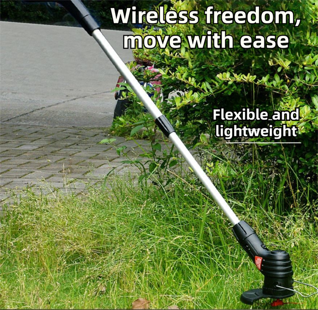 Cordless Electric Grass Trimmer and Rechargeable Telescopic Lawn Mower with 76-105cm Aluminium Pole - Lightweight and Portable, 13,000 RPM High Speed, 20 Durable Nylon Cutting Lines, Anti Collision Wire Frame and Debris Shield