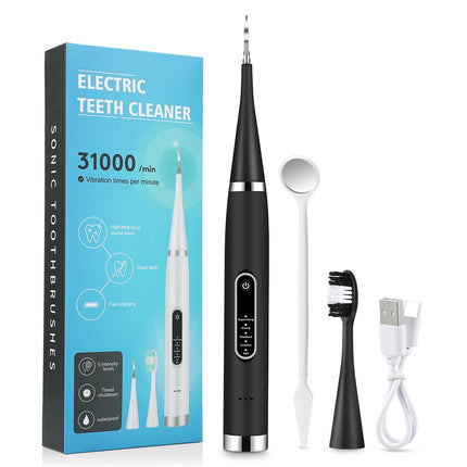 2-in-1 Black Rechargeable Electric Teeth Cleaner & Plaque Remover - Home Waterproof 5-Mode Adjustable 31000 VPM Dental Scaler Kit for Tartar and Calculus Removal