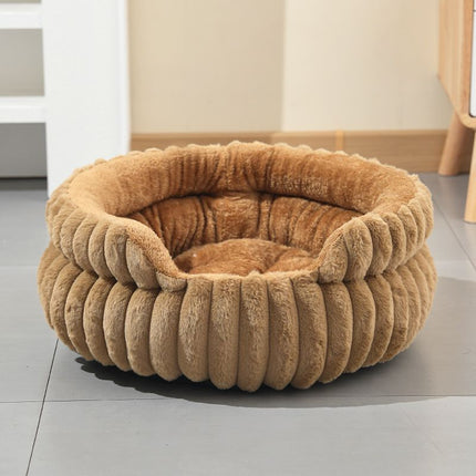 Coffee Plush Round Pet Bed with Gap Entry & Removable Cushion S Size - Thickened Warm Anti Slip Cats and Dogs Donut Nest for All Seasons, Cozy and Soft Sleeping Bed for Home Use, L Size 60*60*15CM