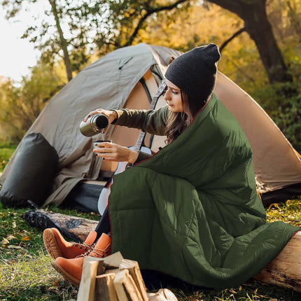 200x140cm Green Large Outdoor Camping Imitation Silk Cotton Wearable Warmth Blanket, Quilted Poncho Shawl Throw with Storage Bag, Lightweight Warm Camping Quilt for Camping Travel Home Use