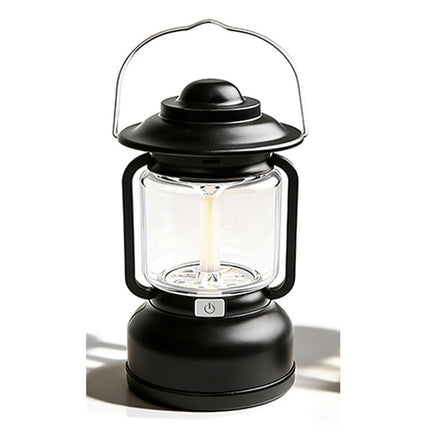Black Vintage LED Outdoor Camping Lantern with Warm Ambient Light - 7 Lighting Modes, 24H Long Runtime, USB-C Rechargeable, Stepless Dimming and Hanging Tent Light