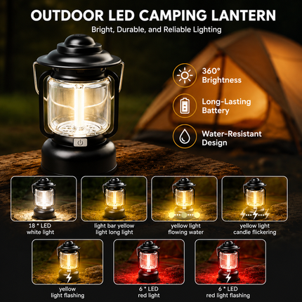 Silver and Grey Vintage LED Outdoor Camping Lantern with Warm Ambient Light - 7 Lighting Modes, 24H Long Runtime, USB-C Rechargeable, Stepless Dimming and Hanging Tent Light