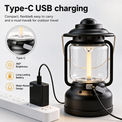 Silver and Grey Vintage LED Outdoor Camping Lantern with Warm Ambient Light - 7 Lighting Modes, 24H Long Runtime, USB-C Rechargeable, Stepless Dimming and Hanging Tent Light