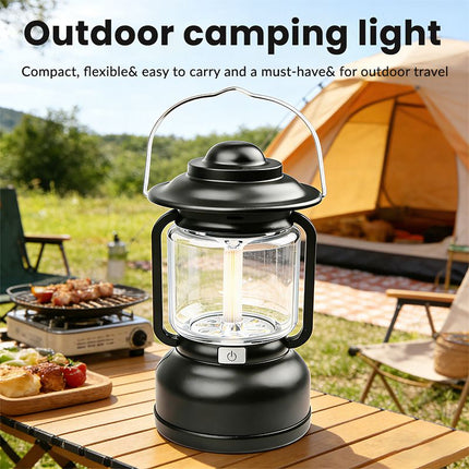 2PCS Black Vintage LED Outdoor Camping Lantern with Warm Ambient Light - 7 Lighting Modes, 24H Long Runtime, USB-C Rechargeable, Stepless Dimming and Hanging Tent Light