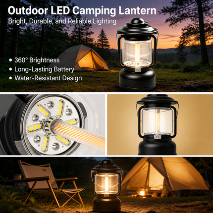 2PCS Black Vintage LED Outdoor Camping Lantern with Warm Ambient Light - 7 Lighting Modes, 24H Long Runtime, USB-C Rechargeable, Stepless Dimming and Hanging Tent Light