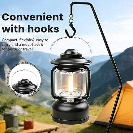 2PCS Silver and Grey Vintage LED Outdoor Camping Lantern with Warm Ambient Light - 7 Lighting Modes, 24H Long Runtime, USB-C Rechargeable, Stepless Dimming and Hanging Tent Light