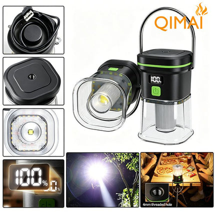 LY27 Black and Green Compact LED Camping Lantern with Spotlight and Ambient Light, USB-C Rechargeable Outdoor Emergency Tent Light - Digital Battery Display, 7 Lighting Modes, 100m Beam Range & Hanging Hook
