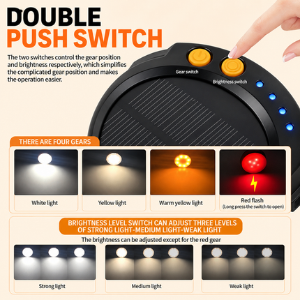 LY20 Black and Yellow Compact Solar Camping Lantern for Home Travel Use, Outdoor LED Tent Lamp and Hanging Light - 4 Lighting Modes and 3 Levels Brightness Adjustment, LED Power Display, Solar & USB-C Dual Charging