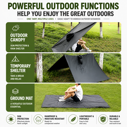 3-in-1 Green Camping Rain Poncho / Outdoor Shelter Tarp / Ground Sheet (82.7 x 55 inch) with 2 Pairs Rain Shoe Covers - Large Backpack Coverage, Drawstring Hood and Carry Bag for Hiking Trekking Cycling Use