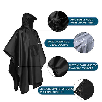 3-in-1 Green Camping Rain Poncho / Outdoor Shelter Tarp / Ground Sheet (82.7 x 55 inch) with 2 Pairs Rain Shoe Covers - Large Backpack Coverage, Drawstring Hood and Carry Bag for Hiking Trekking Cycling Use