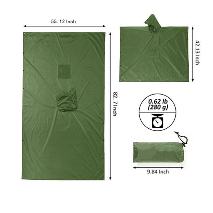 3-in-1 Green Camping Rain Poncho / Outdoor Shelter Tarp / Ground Sheet (82.7 x 55 inch) with 2 Pairs Rain Shoe Covers - Large Backpack Coverage, Drawstring Hood and Carry Bag for Hiking Trekking Cycling Use