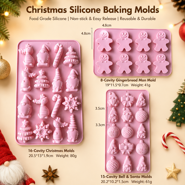 3-Piece Christmas Non-Stick Silicone Baking Mould Set of Santa Reindeer Gingerbread Man & Bell Shapes