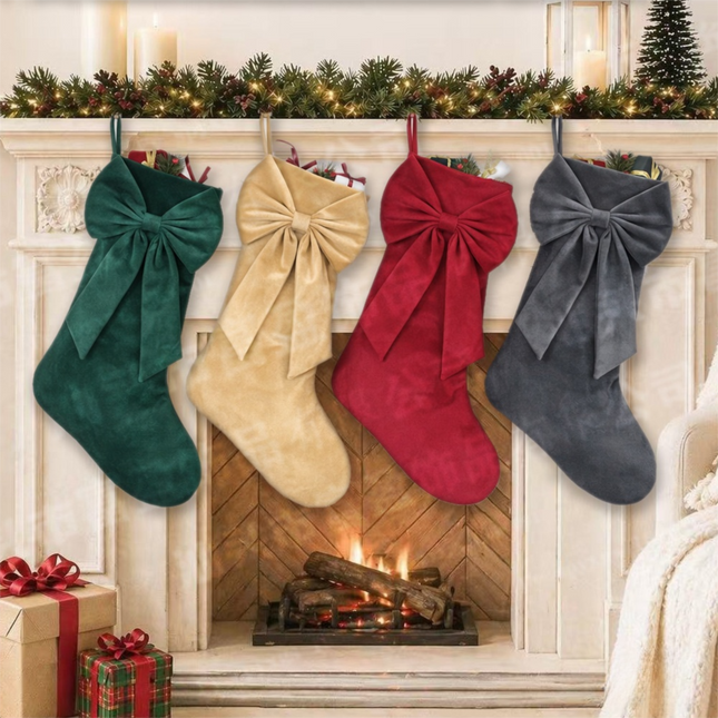 18 Inch Oversized Luxury Velvet Christmas Stocking with Bow & Loop Fireplace Hanging Gift Bag