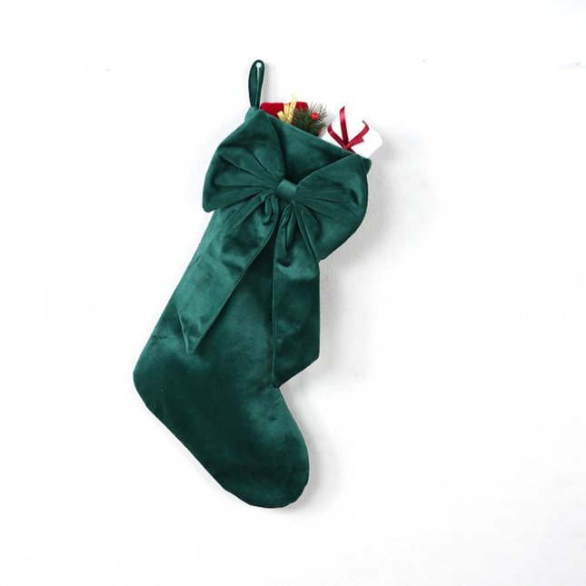18 Inch Oversized Green Luxury Velvet Christmas Stocking with Bow & Loop Fireplace Hanging Gift Bag Holiday