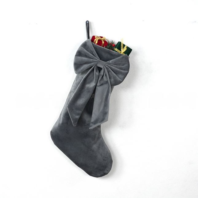 18 Inch Oversized Grey Luxury Velvet Christmas Stocking with Bow & Loop Fireplace Hanging Gift Bag Holiday